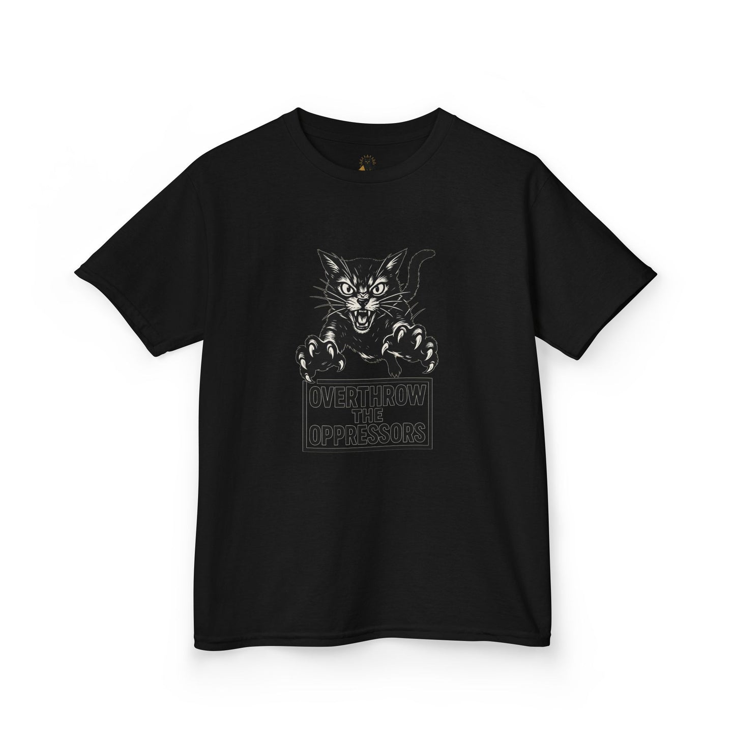 Rebel Cat Kids Tee - Overthrow the Oppressors, Funny Kids T-Shirt, Youth Graphic Tee, Gift for Animal Lovers, Cute Cat Shirt