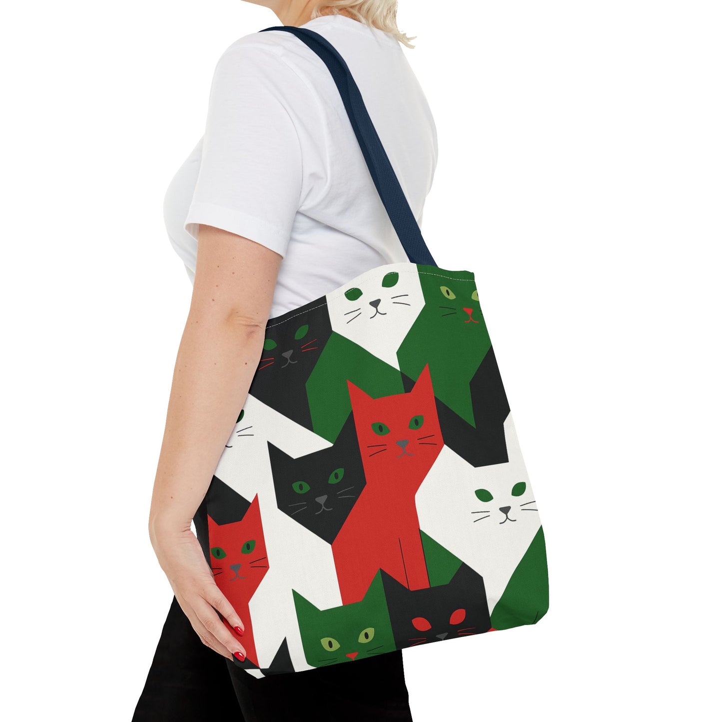 Cats Tote Bag: Red, Green & Black Geometric Cat Pattern All-Over Print Tote