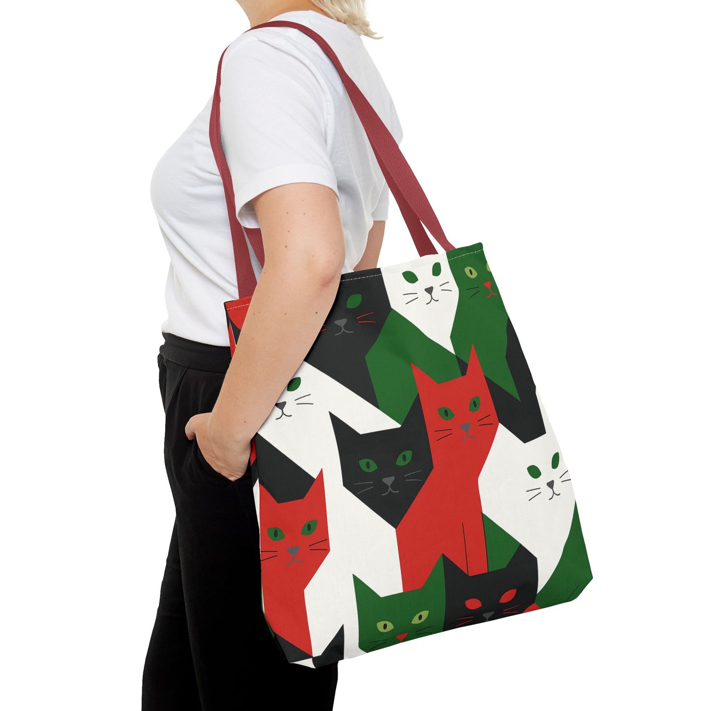 Cats Tote Bag: Red, Green & Black Geometric Cat Pattern All-Over Print Tote