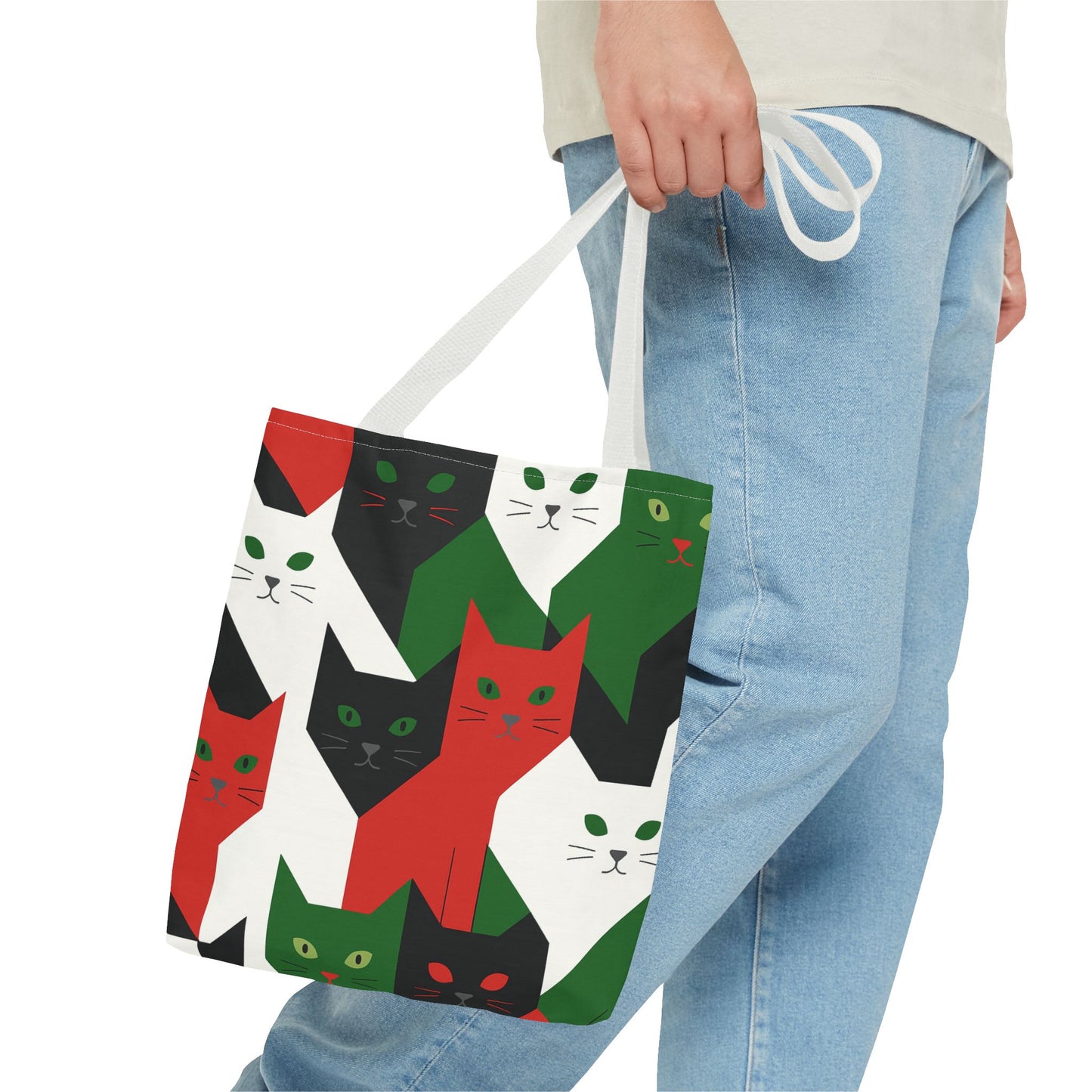 Cats Tote Bag: Red, Green & Black Geometric Cat Pattern All-Over Print Tote