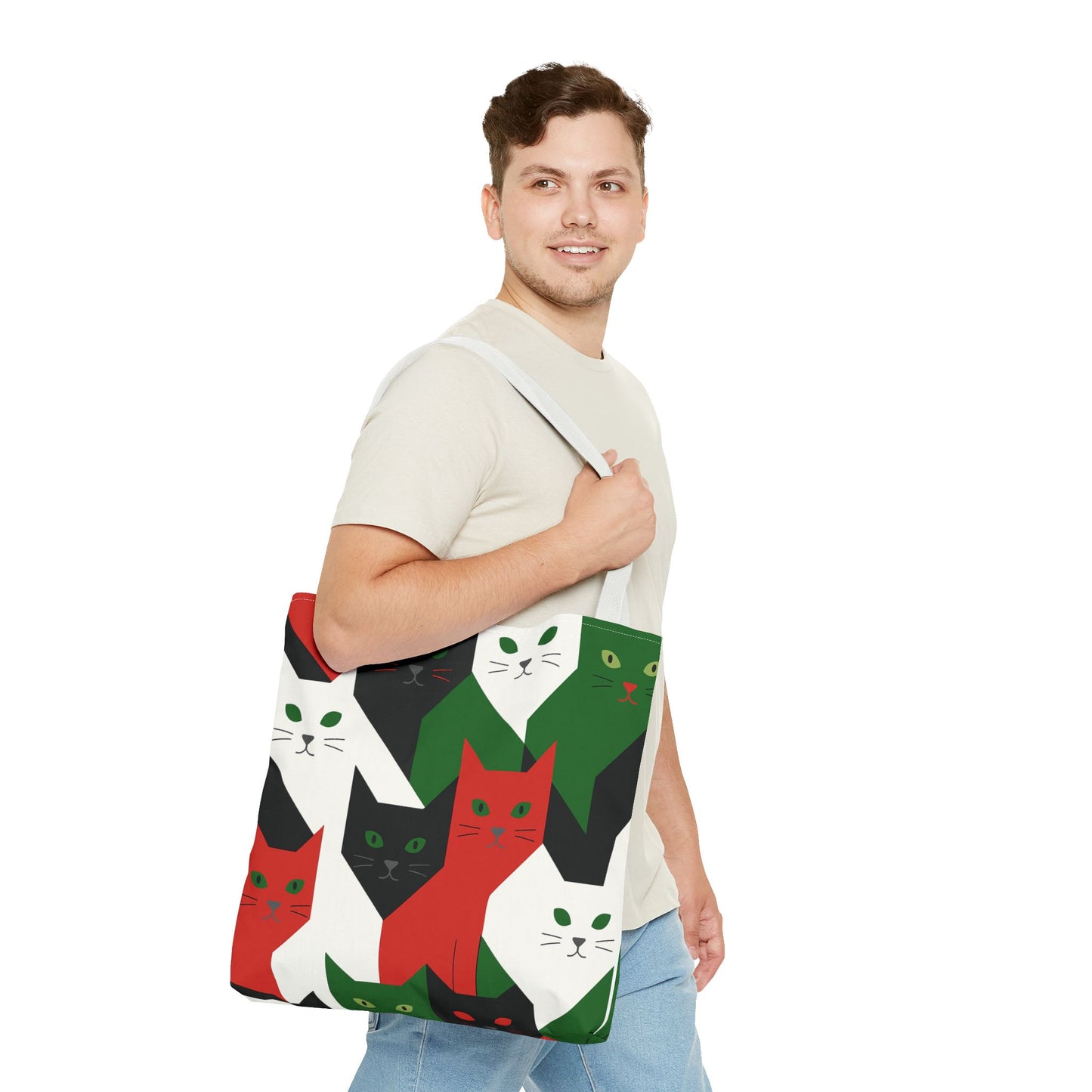 Cats Tote Bag: Red, Green & Black Geometric Cat Pattern All-Over Print Tote