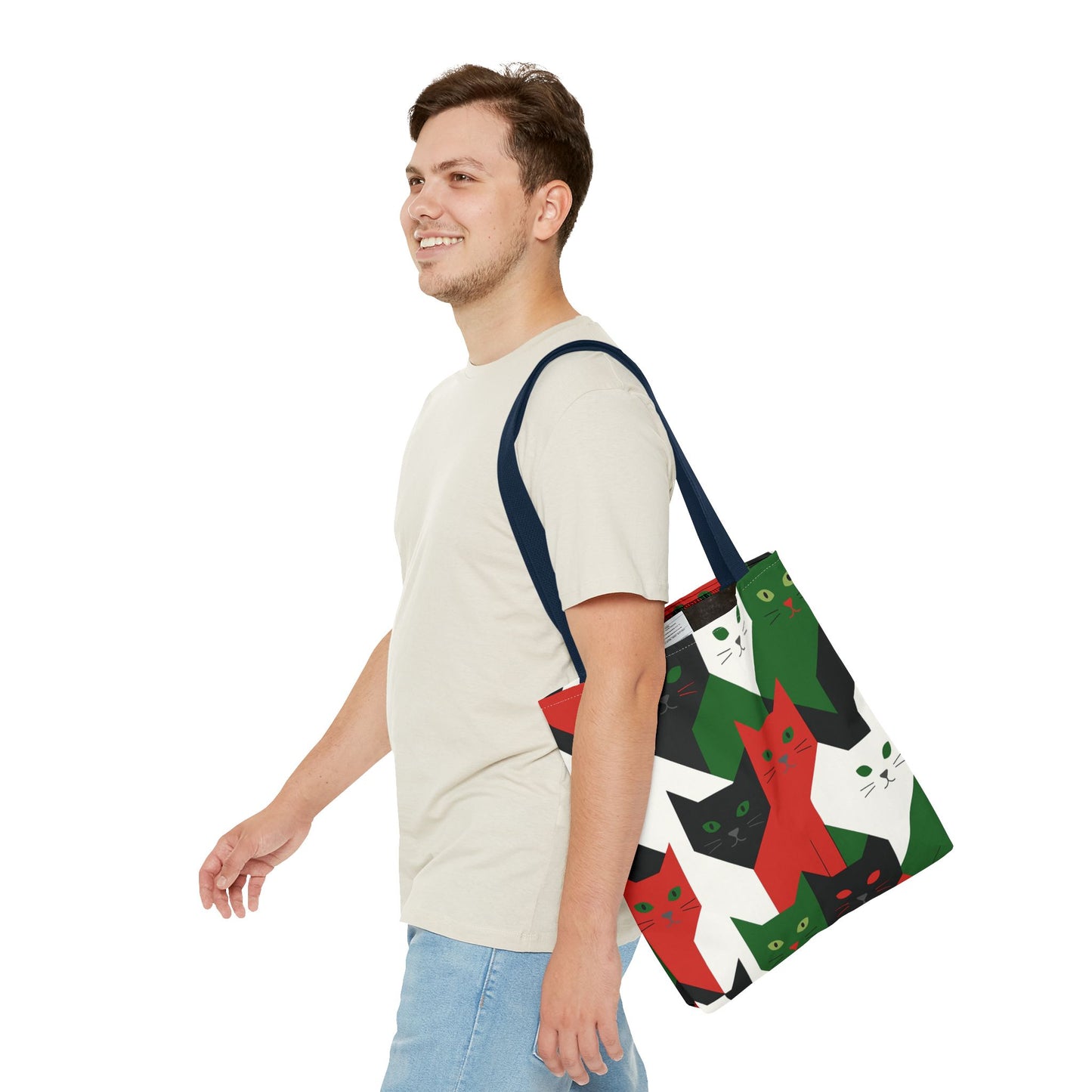 Cats Tote Bag: Red, Green & Black Geometric Cat Pattern All-Over Print Tote