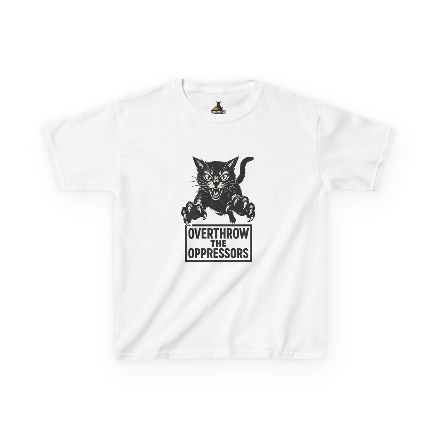 Rebel Cat Kids Tee - Overthrow the Oppressors, Funny Kids T-Shirt, Youth Graphic Tee, Gift for Animal Lovers, Cute Cat Shirt