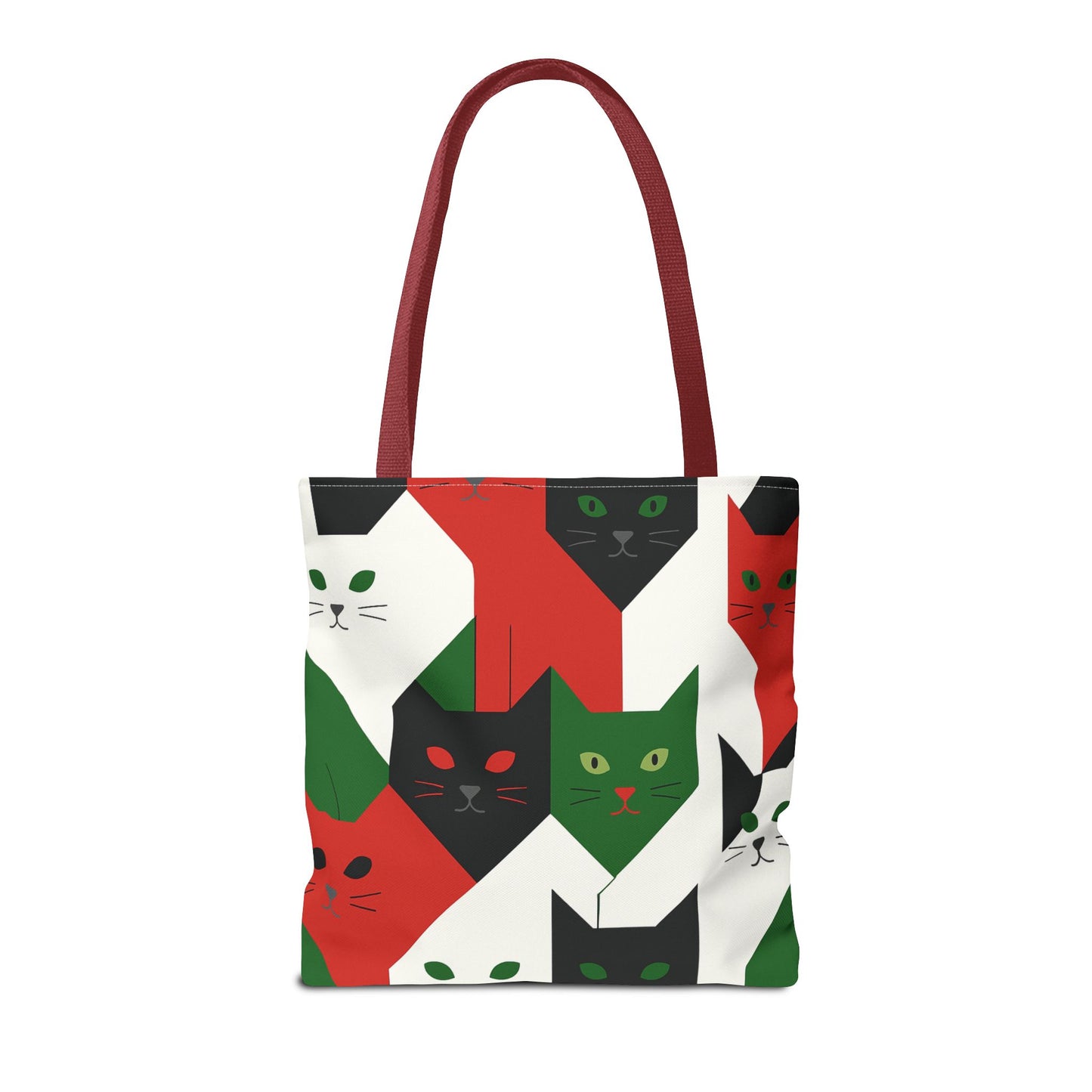 Cats Tote Bag: Red, Green & Black Geometric Cat Pattern All-Over Print Tote